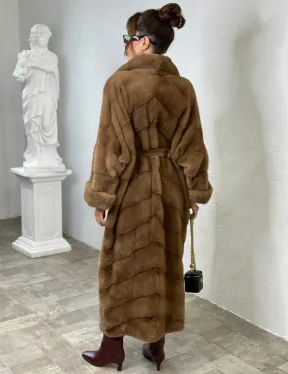 Длинная шуба карамель кимоно мех NAFA