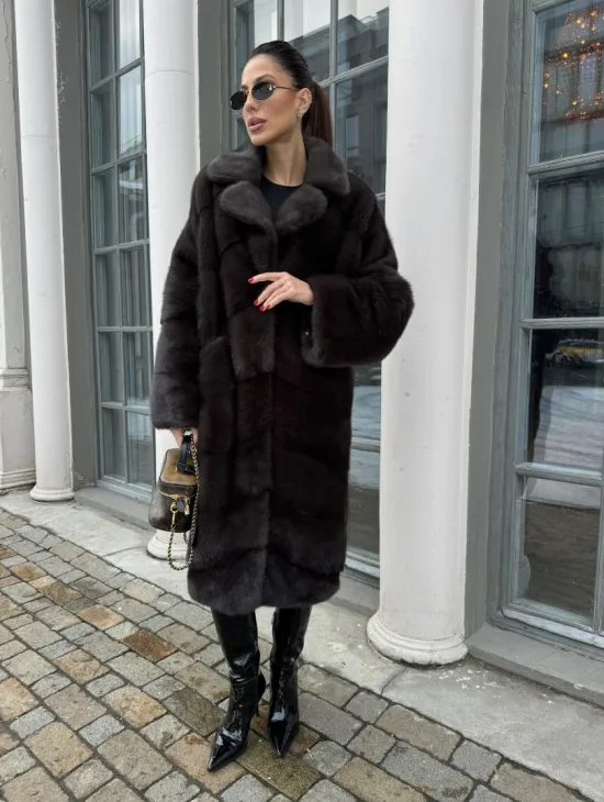 Норковая шуба с английским воротником - цвет уголь