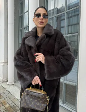 Норковая шуба с английским воротником - цвет уголь