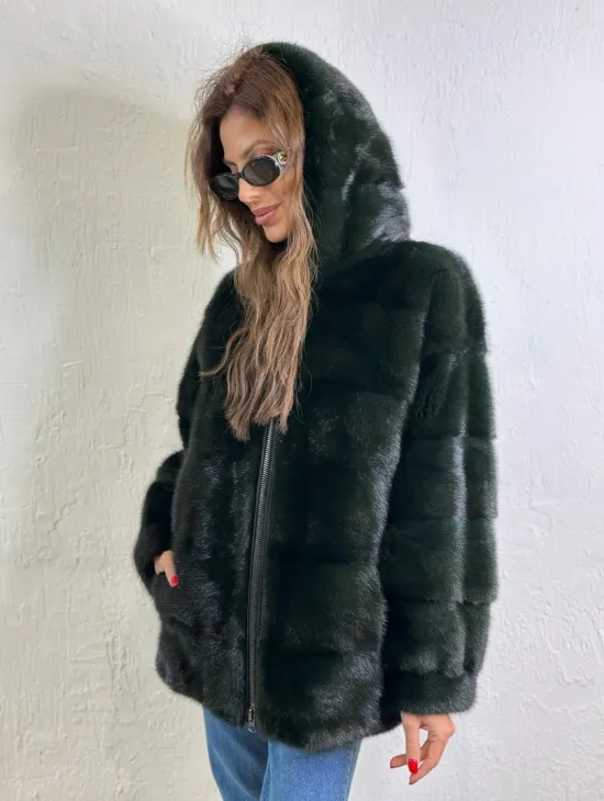 Короткая норковая шуба на молнии - цвет темный изумруд