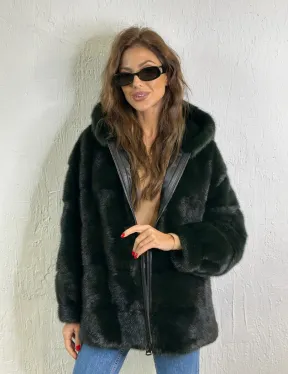 Короткая норковая шуба на молнии - цвет темный изумруд