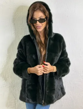 Короткая норковая шуба на молнии - цвет темный изумруд