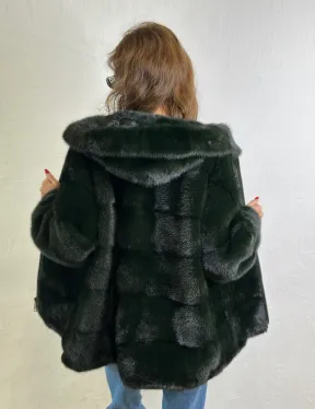 Короткая норковая шуба на молнии - цвет темный изумруд