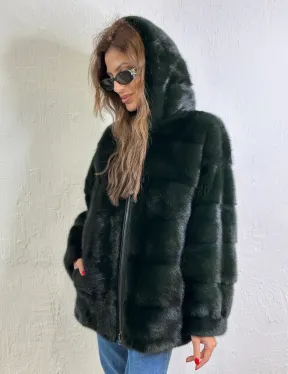 Короткая норковая шуба на молнии - цвет темный изумруд