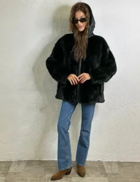 Короткая норковая шуба на молнии - цвет темный изумруд