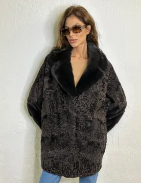 Кимоно каракульча английский воротник паркет - коричневый