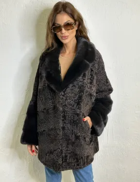 Кимоно каракульча английский воротник паркет - коричневый