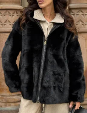 Черная норковая шуба с капюшоном