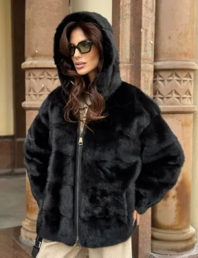 Черная норковая шуба с капюшоном