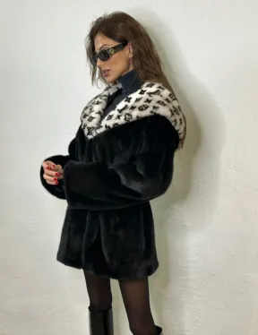 Черная норковая шуба, капюшон с принтом Louis Vuitton