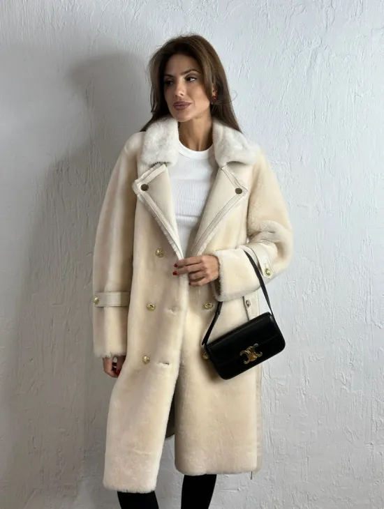 Дубленка из овчины с мехом норки - цвет молочный