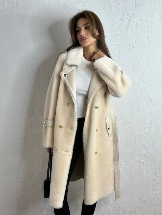 Дубленка из овчины с мехом норки - цвет молочный
