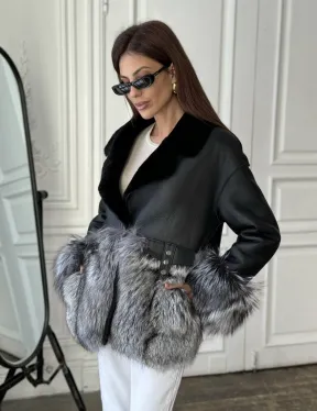 Дубленка с мехом чернобурки - цвет черный