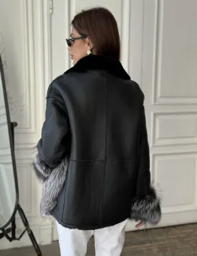 Дубленка с мехом чернобурки - цвет черный