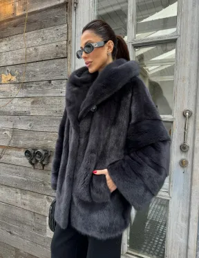 Шуба норковая с капюшоном - цвет графит