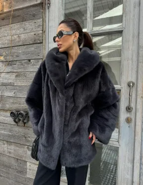 Шуба норковая с капюшоном - цвет графит