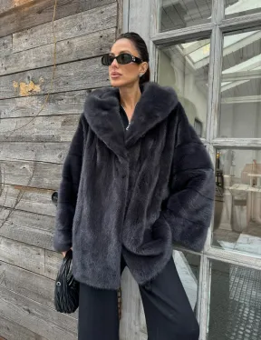 Шуба норковая с капюшоном - цвет графит