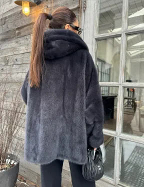 Шуба норковая с капюшоном - цвет графит