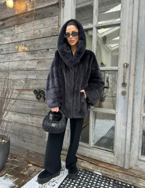 Шуба норковая с капюшоном - цвет графит