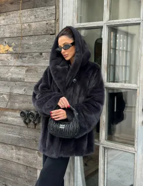 Шуба норковая с капюшоном - цвет графит