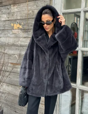 Шуба норковая с капюшоном - цвет графит