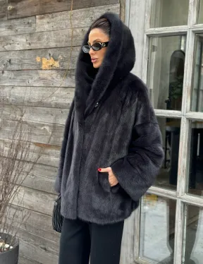 Шуба норковая с капюшоном - цвет графит