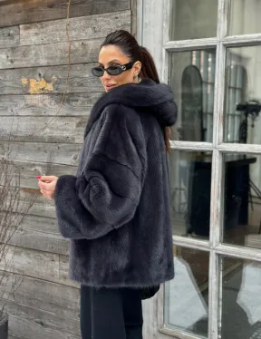 Шуба норковая с капюшоном - цвет графит