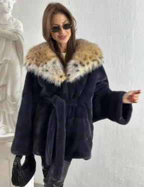 Летучая мышь норка с капюшоном из меха рыси - цвет инфинити