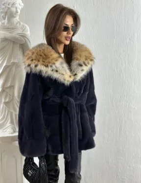 Летучая мышь норка с капюшоном из меха рыси - цвет инфинити