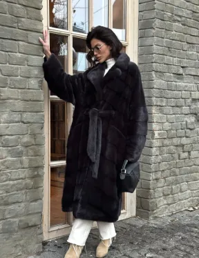 Шуба Халат из меха норки с английским воротником - цвет темный графит
