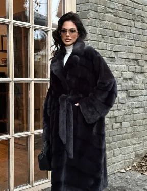 Шуба Халат из меха норки с английским воротником - цвет темный графит