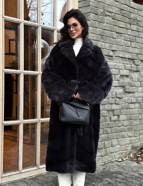 Шуба Халат из меха норки с английским воротником - цвет темный графит