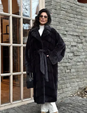 Шуба Халат из меха норки с английским воротником - цвет темный графит
