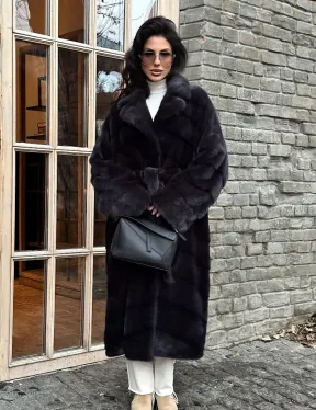 Шуба Халат из меха норки с английским воротником - цвет темный графит