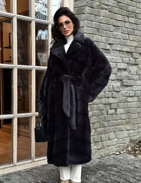Шуба Халат из меха норки с английским воротником - цвет темный графит