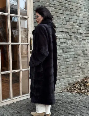 Шуба Халат из меха норки с английским воротником - цвет темный графит