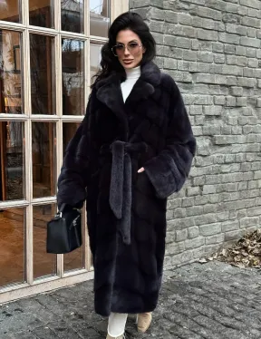 Шуба Халат из меха норки с английским воротником - цвет темный графит