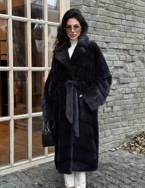 Шуба Халат из меха норки с английским воротником - цвет темный графит