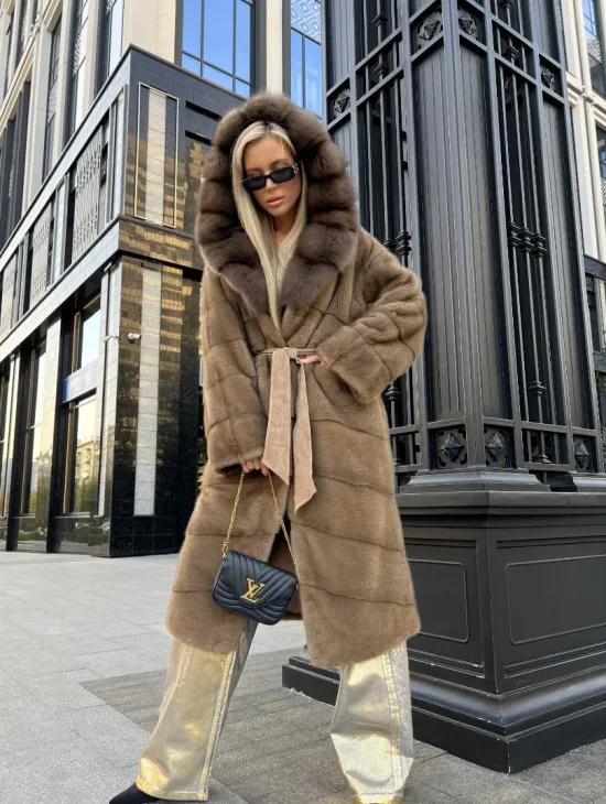 Пастель норковая шуба из меха NAFA капюшон куница
