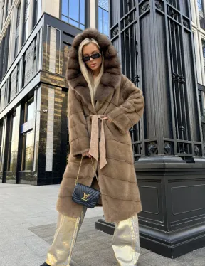 Пастель норковая шуба из меха NAFA капюшон куница