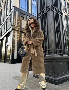 Пастель норковая шуба из меха NAFA капюшон куница