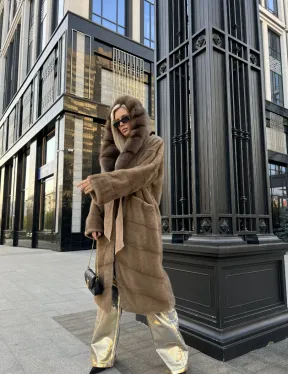 Пастель норковая шуба из меха NAFA капюшон куница