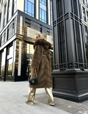 Пастель норковая шуба из меха NAFA капюшон куница