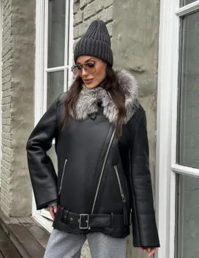 Дубленка из натуральной овчины с воротником чернобурой лисы