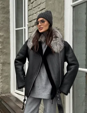 Дубленка из натуральной овчины с воротником чернобурой лисы