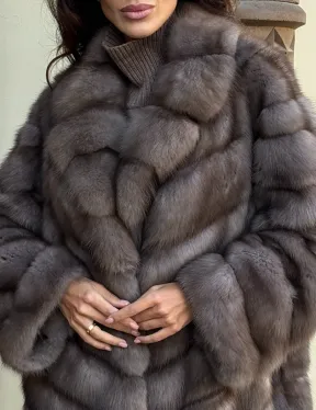 Элегантная шуба из меха куницы - серый трюфель
