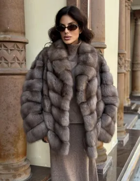 Элегантная шуба из меха куницы - серый трюфель