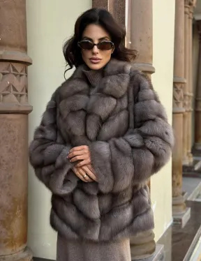 Элегантная шуба из меха куницы - серый трюфель