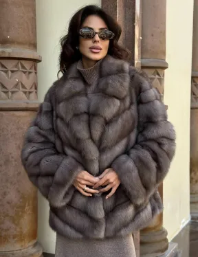 Элегантная шуба из меха куницы - серый трюфель