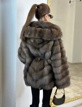 Шуба из меха куницы Dark с капюшоном